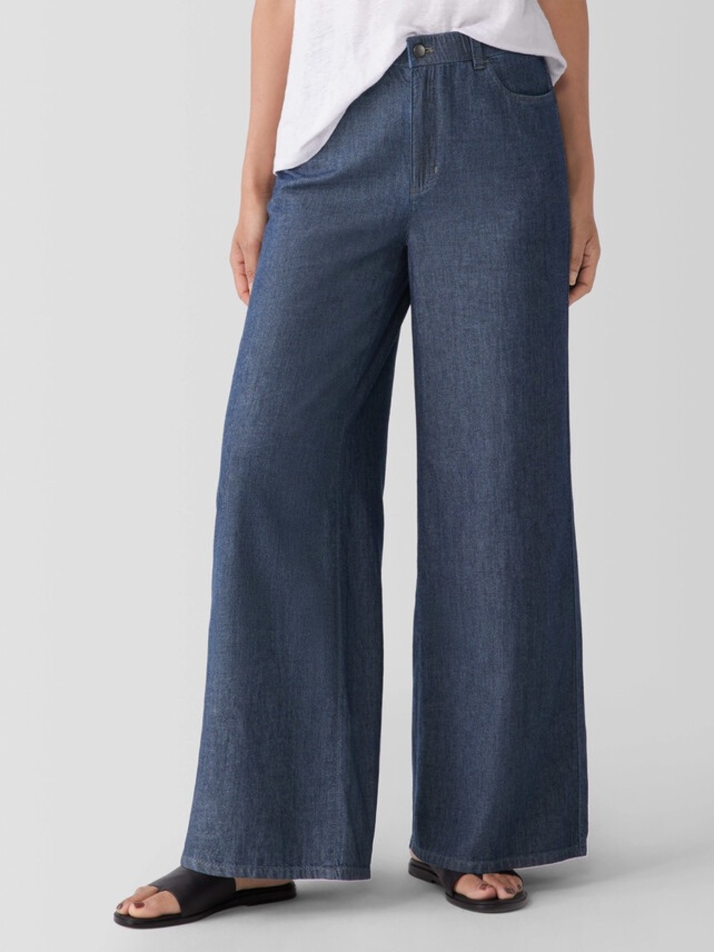 Eileen Fisher Airy Organic Cotton Twill Wide Leg Trouser Pant Blue Pocket medium